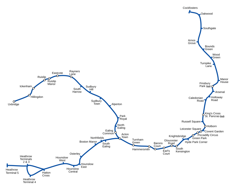 Geographically accurate path of the Piccadilly line