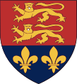 Coat of arms of Portlaoise featuring two lions passant and two fleur-de-lis