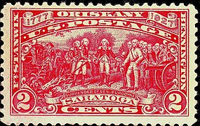 150th anniversary of the Battles of Saratoga stamp featuring Burgoyne's surrender, issued in 1927