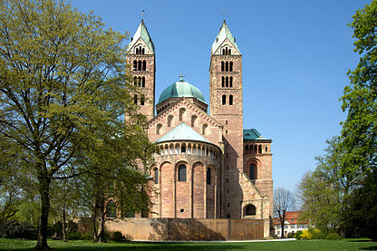 Speyer Cathedral, Germany, from the east, shows the apse projecting from a chancel framed by towers, with an octagonal dome over the crossing.
