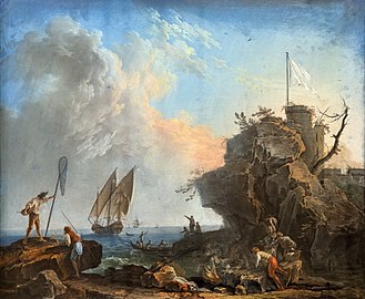 Ansicht der Mittelmeerküste (weiße Fahne), Pierre-Jacques Volaire