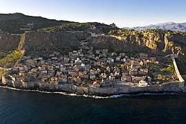View of Monemvasia's lower and upper towns from the south