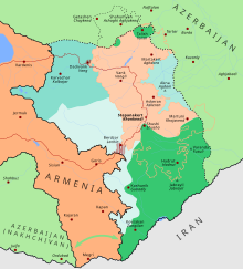 Karte der Gebietsverluste Arzachs durch den Krieg 2020