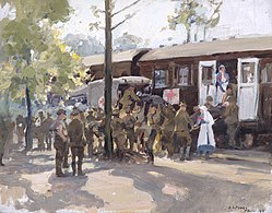 A Red Cross Train, France; wounded British soldiers are transferred from a motor ambulance to a Red Cross train, 1918, artist Harold Septimus Power.