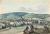 Wiesbaden von Südosten 1837, ganz links die Ruine des 1831 eingestürzten ersten Kirchenbaus (Aquarell von Fritz Bamberger[Anm. 1])