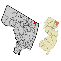 Location of Rockleigh in Bergen County highlighted in red (left). Inset map: Location of Bergen County in New Jersey highlighted in orange (right).