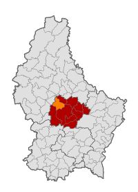 Map of Luxembourg with Bissen highlighted in orange, and the canton in dark red