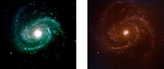 Messier 100 seen in different filters by VIMOS (left) and FORS 1. (Note supernova SN 2006X in the middle of the right image, just above the lower main spiral arm).