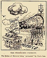 A 1904 editorial cartoon illustrating the gunboat diplomacy involved in resolving the Perdicaris Incident.
