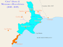 Marked in azure the territory of the Free Cities of Menton and Roquebrune, marked in orange the territory of the Principality of Monaco