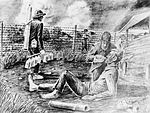 Sketch showing American POWs in a Japanese prison camp in the Philippines, 1945