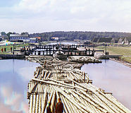 Rafts on the Peter the Great Canal. City of Shlisselburg