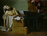 The Death of Marat by Guillaume-Joseph Roques (1793); a knife lies on the floor at lower left in the paintings by Roques and David