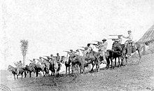 Fifteen riders of the Cuban Liberation Army mounted on their horses. All of them hold carbines, likely Remingtons, except for their commanding officer, who wields a machete.