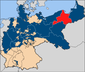 Rot: Lage der Provinz Westpreußen in Preußen (blau)