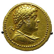 Coin depicting a curly-haired Ptolemy IV facing right