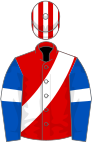 Red, white sash, royal blue sleeves, white armlets, red and white striped cap