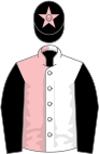 Pink and white (halved), black sleeves, black cap, pink star