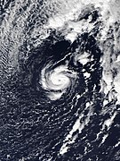 Satellite imagery of Tropical Storm Pablo with banding clouds wrapping cyclonically over its center