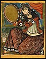 Persian miniature of Woman with frame drum in Qajar Iran, 19th century. Possibly a daf; the red and white circles are links of chain attached to the inner edge of the drum.