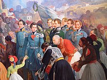 Painting showing a young man in a blue military coat being greeted by a crowd.
