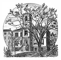 This 1881 engraving shows the building after the 1850 addition of the tower