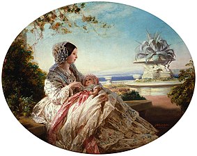 Queen Victoria in 1850 or 1851 with her third son and seventh child, Prince Arthur. In the 19th century, baby boys often wore white and pink. Pink was seen as a masculine color, while girls often wore white and blue.