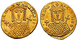 Obverse and reverse of a gold coin, showing the bust of a crowned woman, holding scepter and globus cruciger