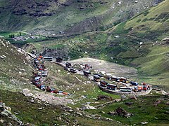 Decorated trucks stuck in a traffic jam at the remote Rohtang pass in Himachal Pradesh.