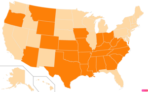 States in the United States by Evangelical Protestant population according to the Pew Research Center 2014 Religious Landscape Survey.[223] States with Evangelical Protestant populations greater than the United States as a whole are in full orange.