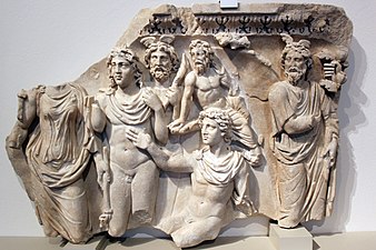 Selene and Endymion standing next to each other, sarcophagus fragment, end of 2nd century AD.