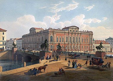 Anichkov Bridge and the Beloselsky-Belozersky Palace, 1850s. Engraving by Charlemagne.