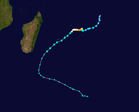 Map showing the path of Cyclone Berguitta across the South-West Indian Ocean