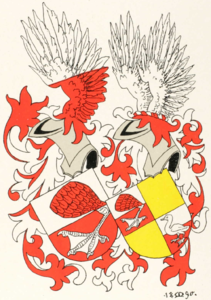 The coat of arms adopted by Johann Hinrich Gossler in 1773 to the left; the "improved" coat of arms used from 1832 to the right