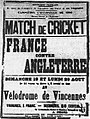 Poster for the first France-England cricket match held in 1900 in the Bois de Vincennes.