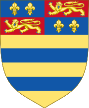 Blazon: Or, two bars Azure, a chief quarterly, 1st and 4th Azure, two Fleurs-de-Lys Or, 2nd and 3rd Gules, a lion passant guardant Or.