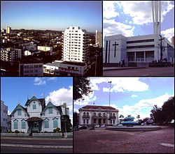 Top left:View of downtown Aratiba area, Top right:Erechin Cathedral, Bottom left:Castelinho native house in Alemanda street, Bottom right:A fountain in Bandeira Square, near Tiradentes Avenue