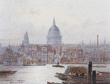 St Paul's from Bankside, a watercolour by Frederick E. J. Goff (before 1931)