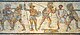 Gladiatorendarstellung auf einem Mosaik in Leptis Magna, heutiges Libyen, ca. 80-100 n. Chr.