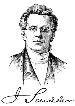 Drawing of a bespectacled, serious-looking John Scudder Sr.