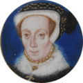 Katherine Brydges, Lady Dudley by Levina Teerlinc, c. 1560. A courtier to both Mary I and Elizabeth I. The daughter of John Brydges, 1st Baron Chandos and the wife of Edward Sutton, 4th Baron Dudley[31]