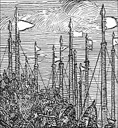 Black and white drawing of a snapshot showing shipmasts with flags and warriors marching below.