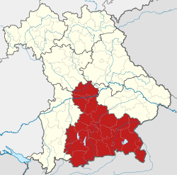 Map of Bavaria highlighting Upper Bavaria