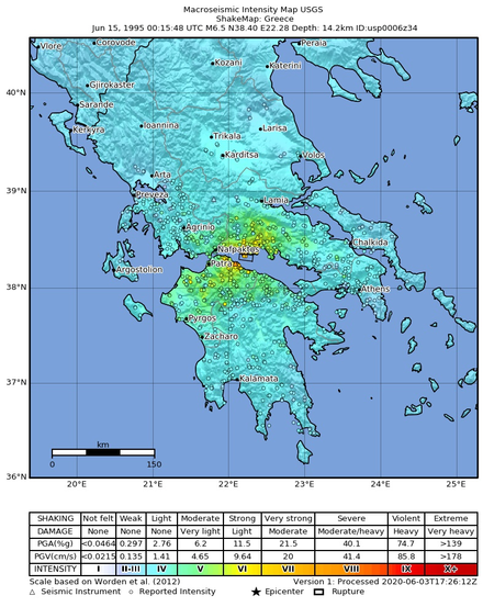 ShakeMap map of Mercalli intensities from the earthquake