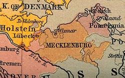 Mecklenburg c. 1803 (brown), with Mecklenburg-Schwerin being the larger central territory[clarification needed]