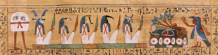 A vignette from a larger papyrus scroll. On the far right is Medjed, who appears as an oculated dome-like figure, supported by two human-like feet. The entity wears a knotted belt around his waist.