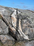 A light-gray igneous intrusion in Sweden cut by a younger white pegmatite dike, which in turn is cut by an even younger black diabase dike