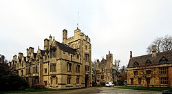 St. John's Quad, showing (left to right) the gate to St. Swithun's quad, the Grammar Hall, and the President's Lodgings.
