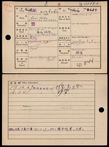 Registration card from the Japanese occupation, by the Japanese occupation government