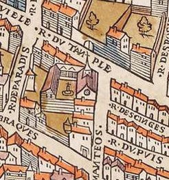 The church and abbey on the 1550 Truschet and Hoyau plan of Paris